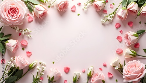 Light pink backdrop adorned with pastel roses buds petals  sprigs creating a soft floral frame