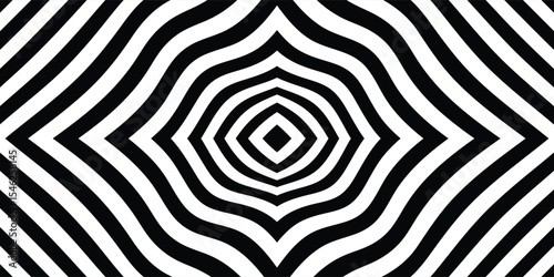 Abstract hypnotic pattern with black-white striped lines. Psychedelic background. Op art, optical illusion. Modern design, graphic texture.