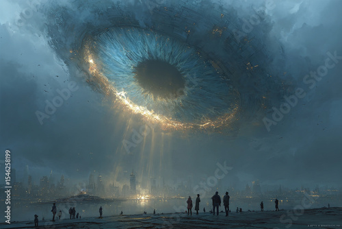 Colossal mechanical eye floats above futuristic city skyline, casting glowing beams through cloudy sky, evoking awe and mystery
