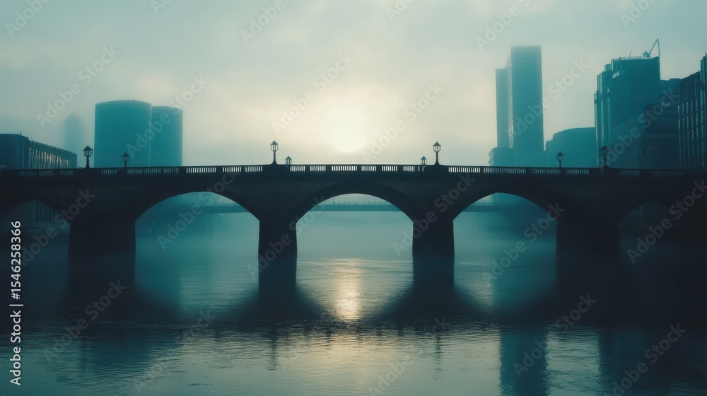Naklejka premium Misty River Scene with Bridge and City Skyline at Sunrise in Soft Morning Light