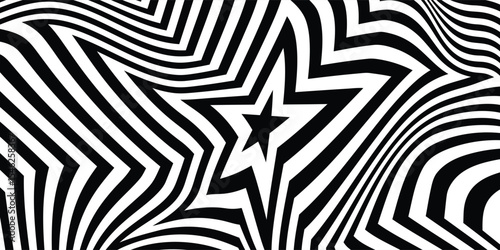 Abstract hypnotic pattern with black-white striped lines. Psychedelic background. Op art, optical illusion. Modern design, graphic texture.