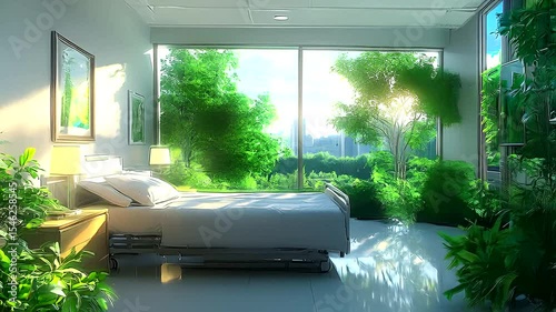 Serene hospital room bathed in natural light and surrounded by lush greenery