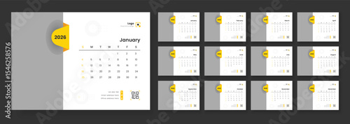 2026 Calendar Planner Set of new Template 12 Monthly Page for Corporate or Personal use. New Year 2026 table calendar, Planner simple, Stationery, printing media. Calendar template for 2026.