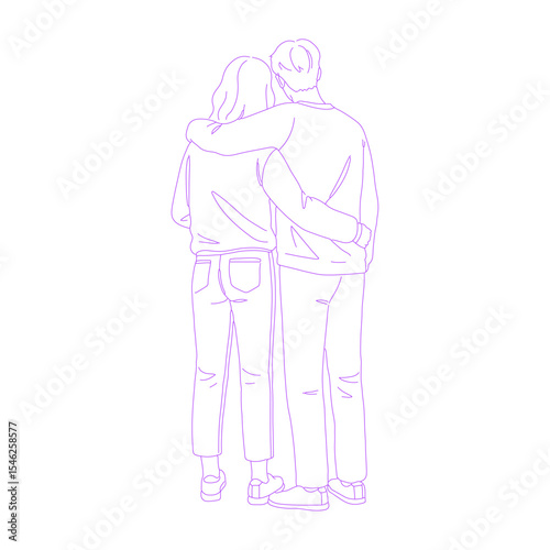 couple hugging from behind lineart illustration