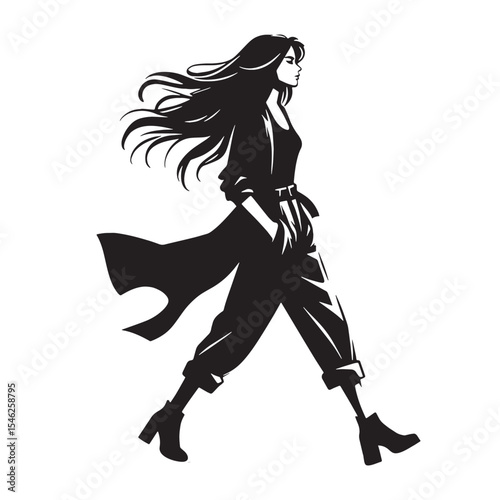 Peaceful walking woman Solitary Person Taking a Calm and Steady Stroll Outdoors - Walking Woman silhouette - Walking woman Vector - Silhouette of walking woman
