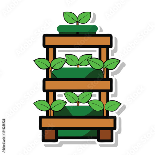 Vertical Garden Cartoon Illustration Three Tiered Planter with Fresh Green Sprouts