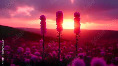 Serene sunset over a field of purple flowers, silhouetted by the setting sun