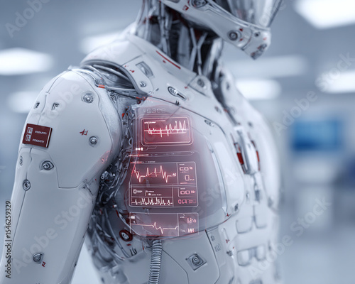 Futuristic robot with transparent chest displaying digital health data and heart rate monitor in clinical environment, highly detailed