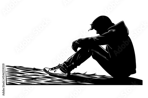 Anxiety disorder, man suffering from anxiety. Silhouette of man who is sitting on a floor