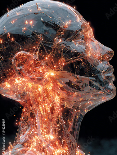 Glowing transparent human head with intricate light networks and small figures exploring structure, evoking curiosity and wonder
