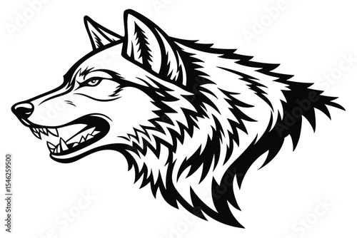 Furious wolf head is snarling, showcasing sharp teeth, set against a clean white background