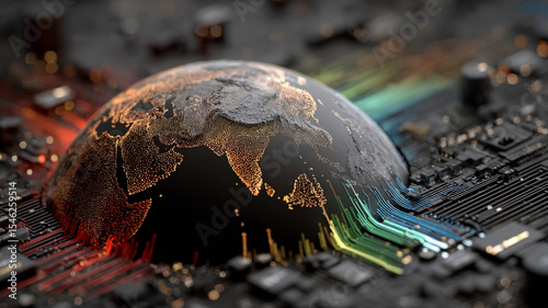 Digital globe with illuminated continents integrated into circuit board, symbolizing global technology and connectivity in futuristic style
