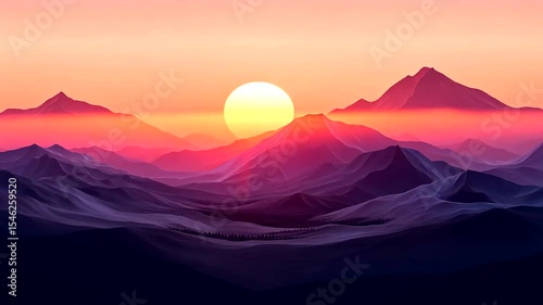 Serene Sunset Over Purple Mountains Landscape, Nature Scenery Wallpaper Background