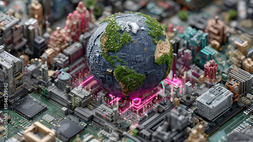 Digital Earth globe with green continents on futuristic circuit board, symbolizing technology and environmental connection in vibrant cityscape