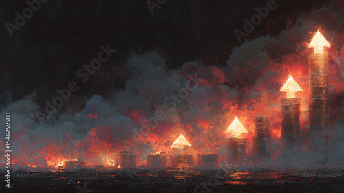 Stacks of burning currency notes form glowing arrows rising through smoke, symbolizing financial growth and inflation risk