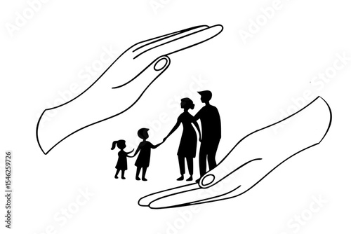mother hand protect the family silhouette Two hands protecting or giving aid to family 