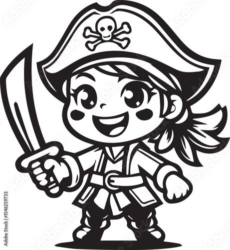 This charming "Girl Pirate" drawing features a joyful, animated pirate girl brandishing a cutlass. Her cheerful expression and classic pirate attire, complete with a skull-and-crossbones hat, make for