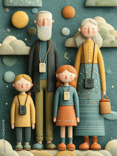 Whimsical paper cut family scene with four members wearing textured clothing and holding small devices, surrounded by clouds and celestial shapes