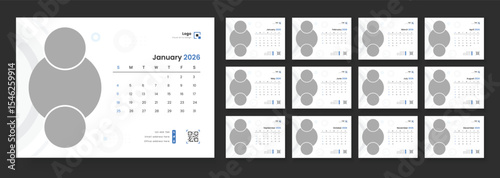 Desk calendar 2026 template. Desk Calendar Template 2026. Desk calendar with week start Sunday for print.