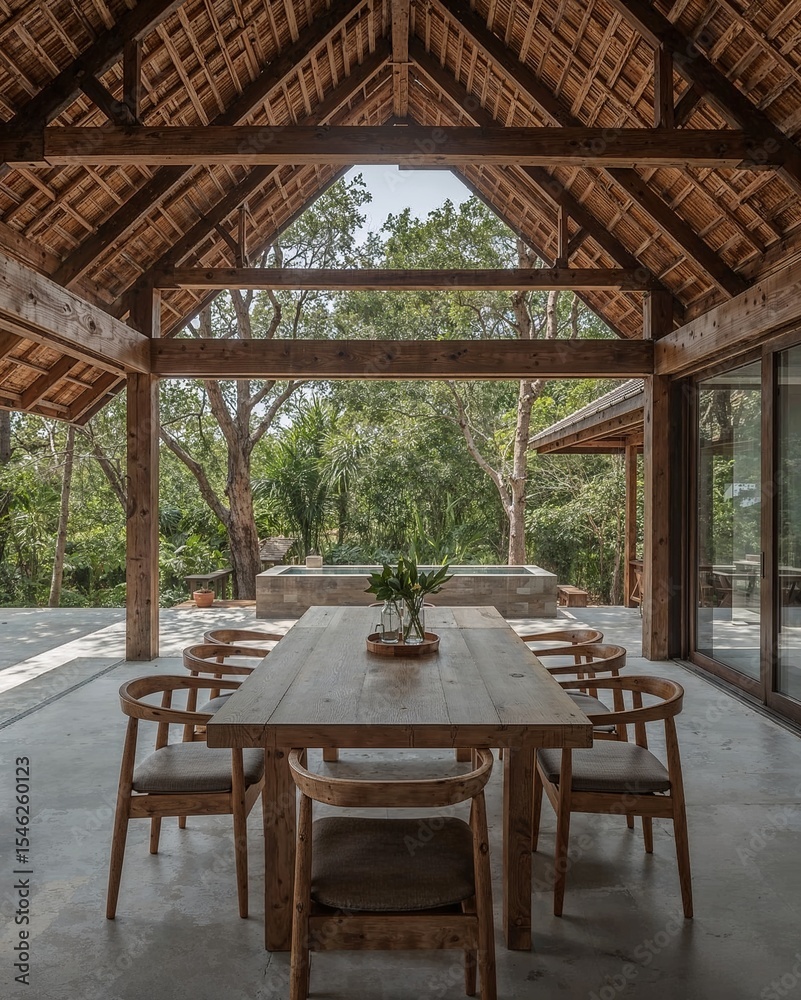 Fototapeta premium Dining area of a Khmer stilt house that fuses ancient architecture with minimalism designed in a teakwood and misty gray theme