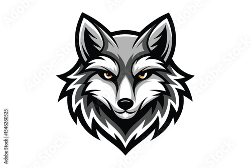 Detailed wolf head showcases striking gold eyes on a white background, creating intensity