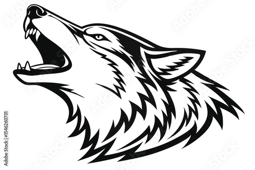 Dramatic monochrome shows a wolf head howling upwards with fierce teeth and detailed fur