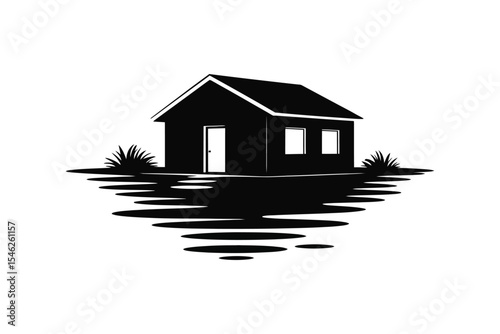 Houseboat silhouette on calm water minimalist floating home

