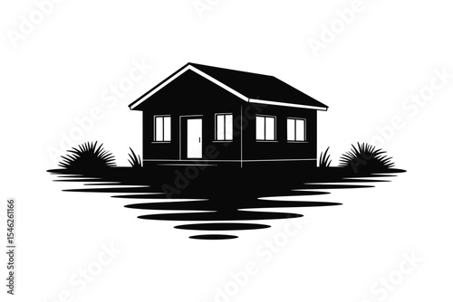 A minimalist black and white illustration of a house silhouette floating on water