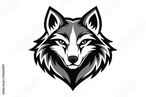 Frontal view of a striking wolf head with grey and black colors