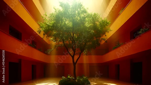 Sunlit Courtyard with Tree: Serene Architecture and Natural Light in a Modern Building
