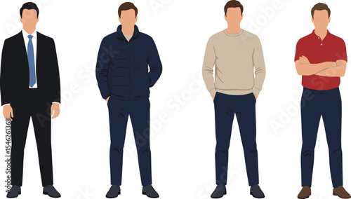 Diverse casual and formal male outfit vector illustration, fashion lifestyle design, front view standing poses, modern clothing style flat character, business and casual concept