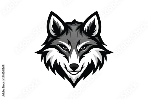 Cartoon wolf head with piercing eyes in black and grey on white background