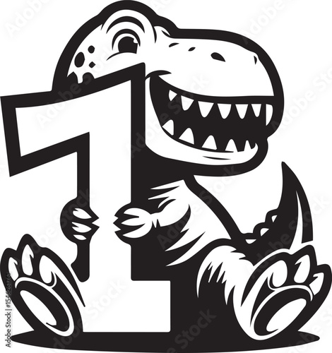 This delightful "Dinosaur Number One" drawing showcases a friendly, grinning dinosaur excitedly holding up the number "1". The dinosaur is illustrated in a bold, cartoon style with playful details, gi