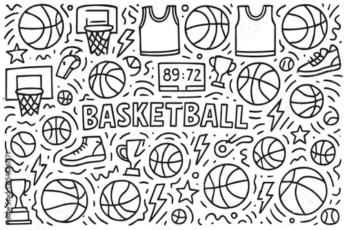 Vector background doodle with a basketball theme, illustrated in black and white with bold black outlines showing balls, hoops, shoes, and courts.

