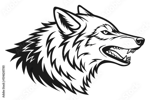 The monochromatic wolf head is roaring powerfully, showing sharp teeth in a side view