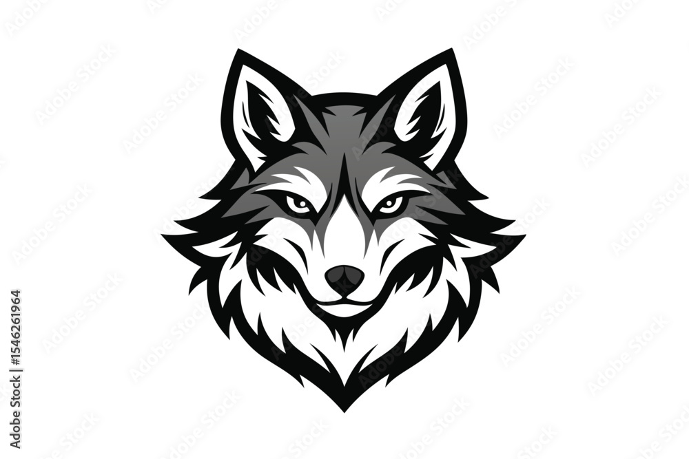 Obraz premium Stylized wolf head with detailed fur and piercing eyes stares ahead intensely on white