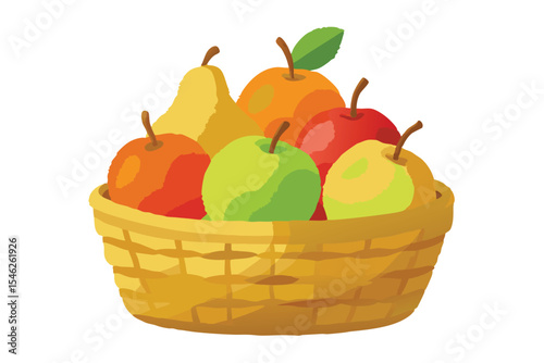 Woven Basket Overflowing with Colorful Apples and a Pear Isolated on White