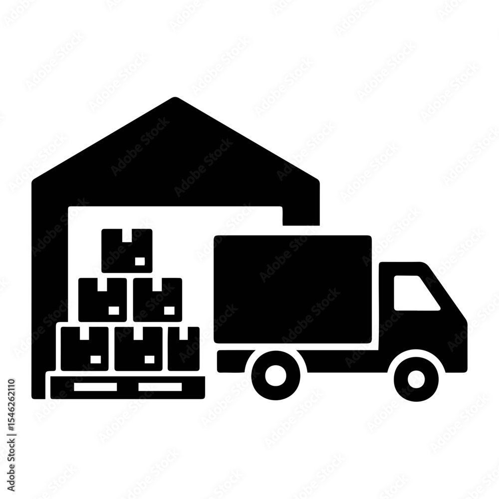 Fototapeta premium Illustration of a delivery truck parked outside a warehouse with stacked boxes on a pallet ready for shipping on transparent background