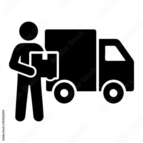A delivery person holding a box next to a delivery truck in a black and white illustration on transparent background