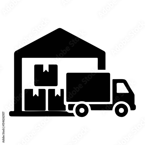 Black silhouette of a delivery truck parked at a warehouse loaded with cardboard boxes ready to go on transparent background