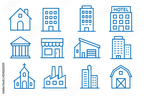 Vector of minimalist building shapes in white, outlined in clean blue lines, creating a modern cityscape with simple and geometric architectural forms.

