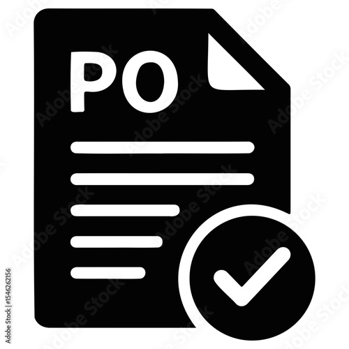 Black purchase order document with text and check mark indicating approval status icon on transparent background