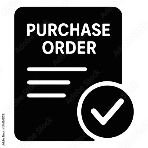 Black purchase order document with horizontal lines and a white check mark in a circle shape on transparent background