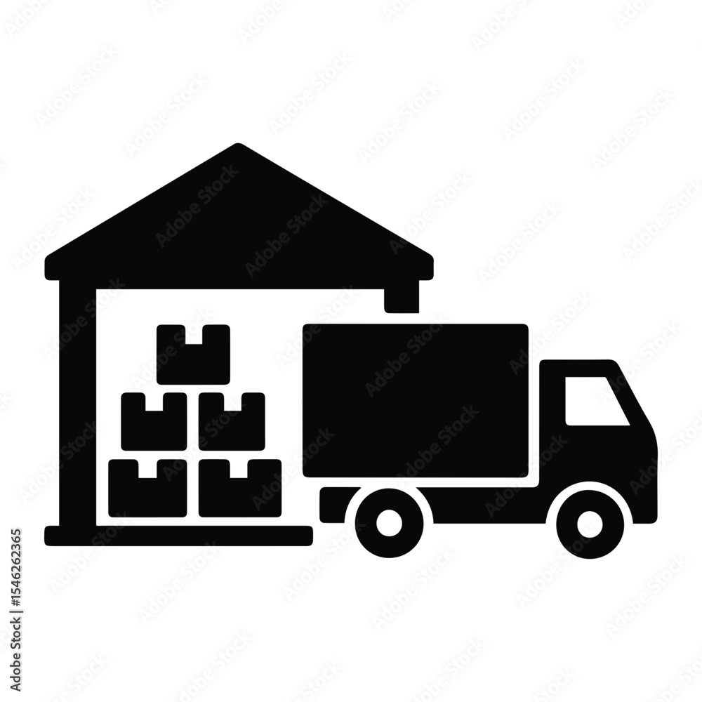 Illustration of a warehouse with stacked boxes and a delivery truck parked outside in black on transparent background Illustration of a warehouse with stacked boxes and a delivery truck parked outside in black on transparent background