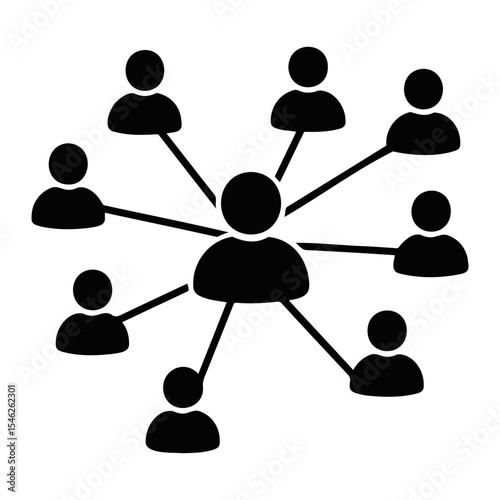 Black and white illustration of a network of people connected by lines radiating outward on transparent background