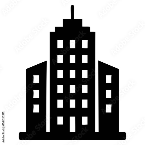 Silhouette of a tall building with many windows and a small antenna on the top of it on transparent background