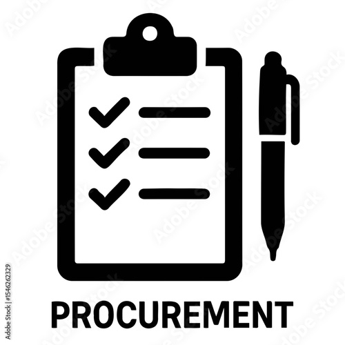 Illustration of a clipboard with checkmarks and lines next to a pen in black and white color on transparent background