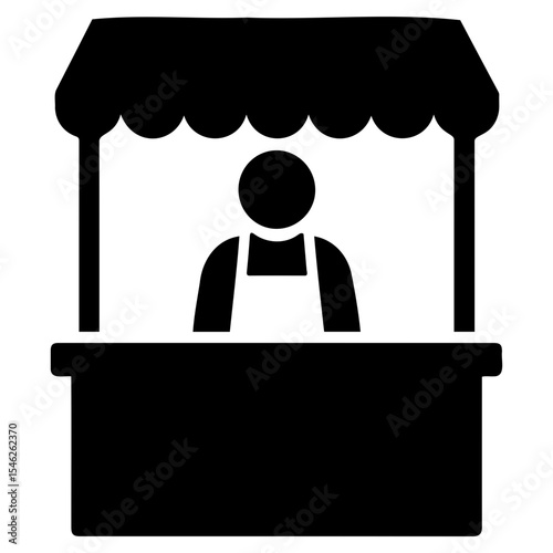 Illustration of a market stall with a person wearing an apron standing behind the counter selling goods on transparent background
