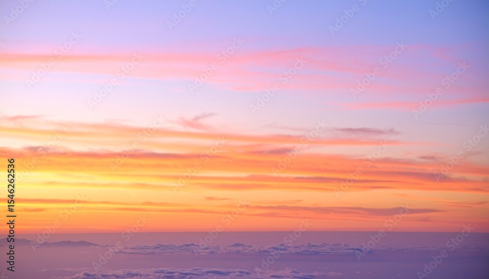Fototapeta premium Evening sky with delicate pastel clouds, layers of tangerine and lilac flowing across an expansive quiet horizon.