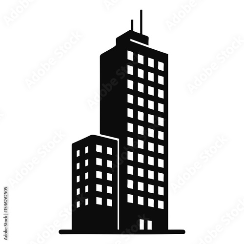 Illustration of a black skyscraper with many windows and a smaller building nearby in black on transparent background